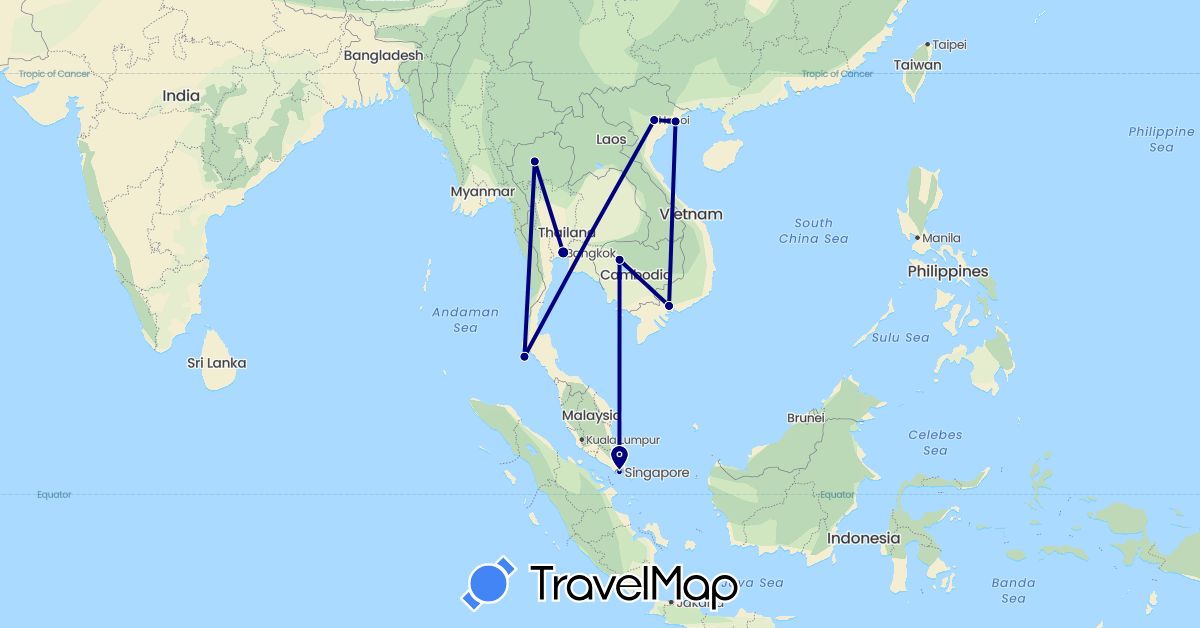 TravelMap itinerary: driving in Cambodia, Singapore, Thailand, Vietnam (Asia)
